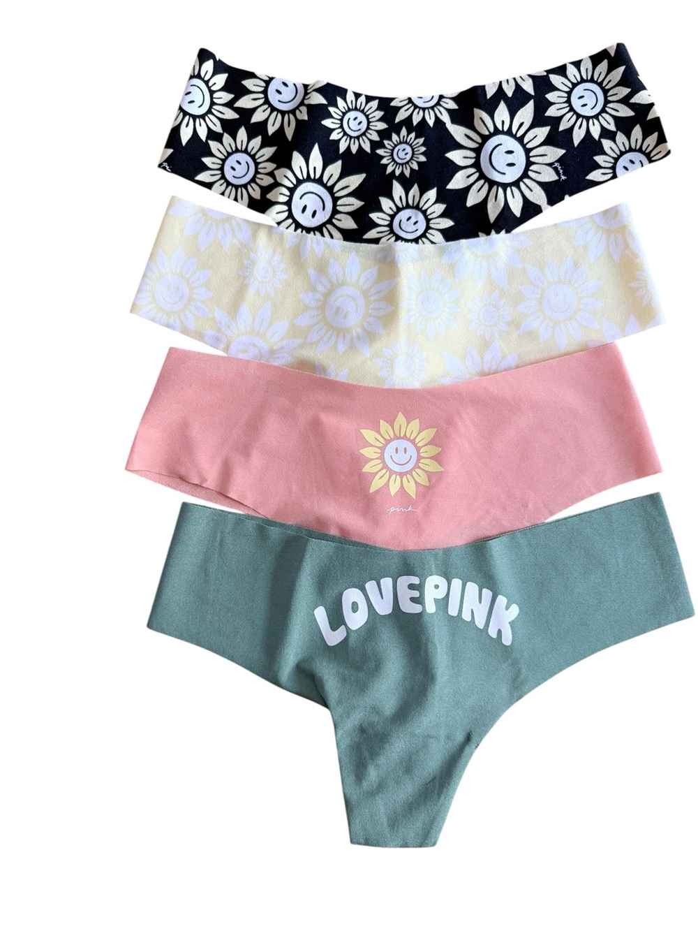 PINK Victoria’s Secret No Show Thong Panties Lot of 4 XS Sunflower Love Pink